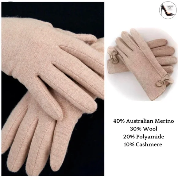 Luxury Cashmere Merino Wool Gloves Classic Beige Driving Winter mittens with bow - Picture 11 of 11